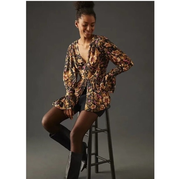 Anthropologie Deep-V Tunic Top Floral Blouse Corset Peplum Long Sleeve Size M - Picture 3 of 10